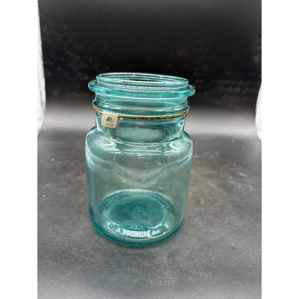 Vintage Ball Ideal Aqua Blue Glass Mason Jar with Wire Bail Patina Antique